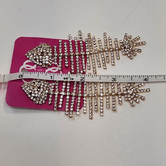 Sassy Jones Fish Bone Gold Tone Crystal Post Earrings Statement Drama Dangle - Picture 5 of 5